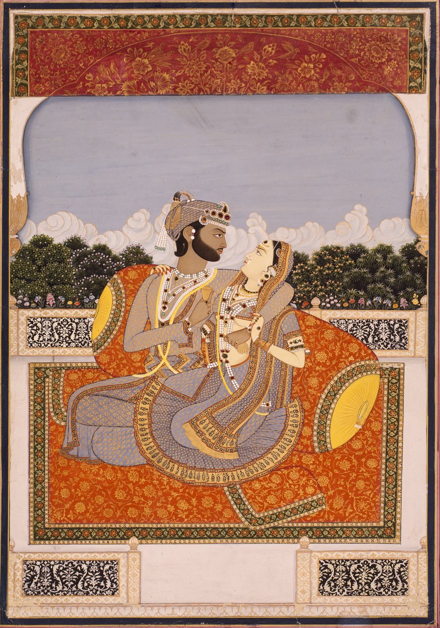 Egy pár ölelés a teraszon, 1835 körül (átlátszatlan wc, lakk, arany és üveg papíron) alkotó: Indian School