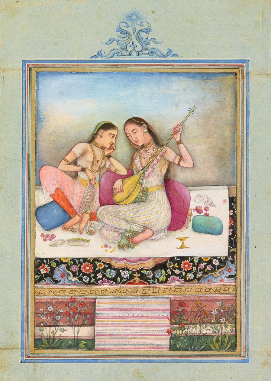 Egy lány tamburán játszik, miközben társa hallgat, 1660 körül alkotó: Indian School