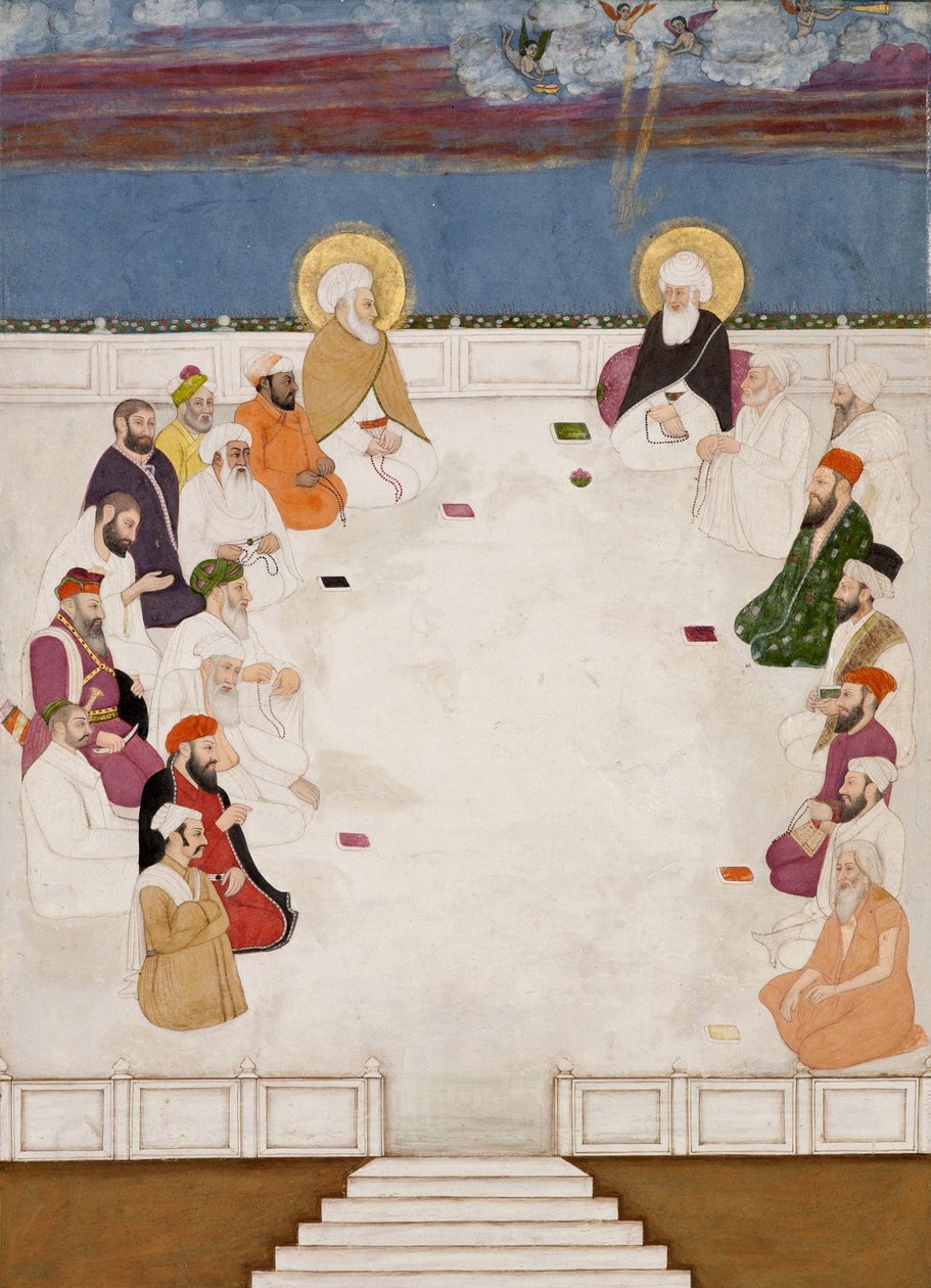 Indiai szentek és szent emberek csoportja, köztük Shah molla és Aurangzeb, ülve, 1725 körül (átlátszatlan wc és arany a papíron) alkotó: Indian School