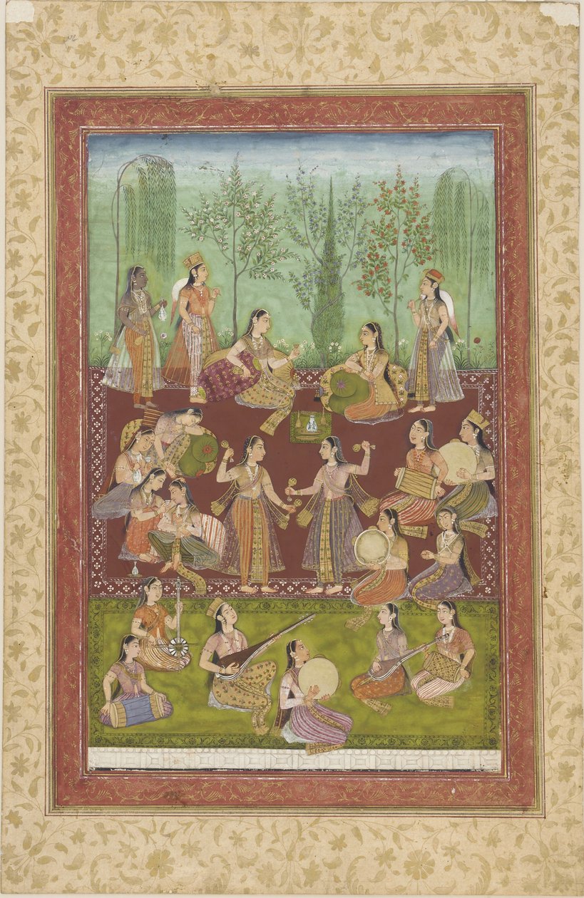 Egy csapat nő a kertben, zenével és tánccal szórakoztatják magukat (szín és arany a papíron) alkotó: Indian School