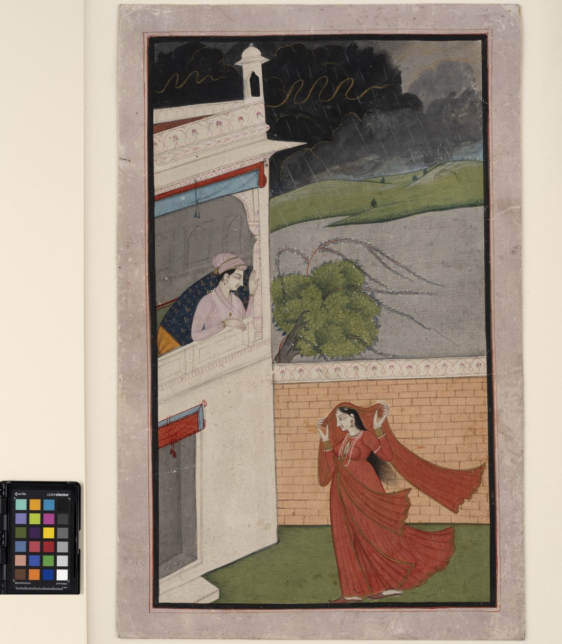 Egy hölgy jön szerelme házához esőben, 1830 körül (átlátszatlan w/c és arany a papíron) alkotó: Indian School