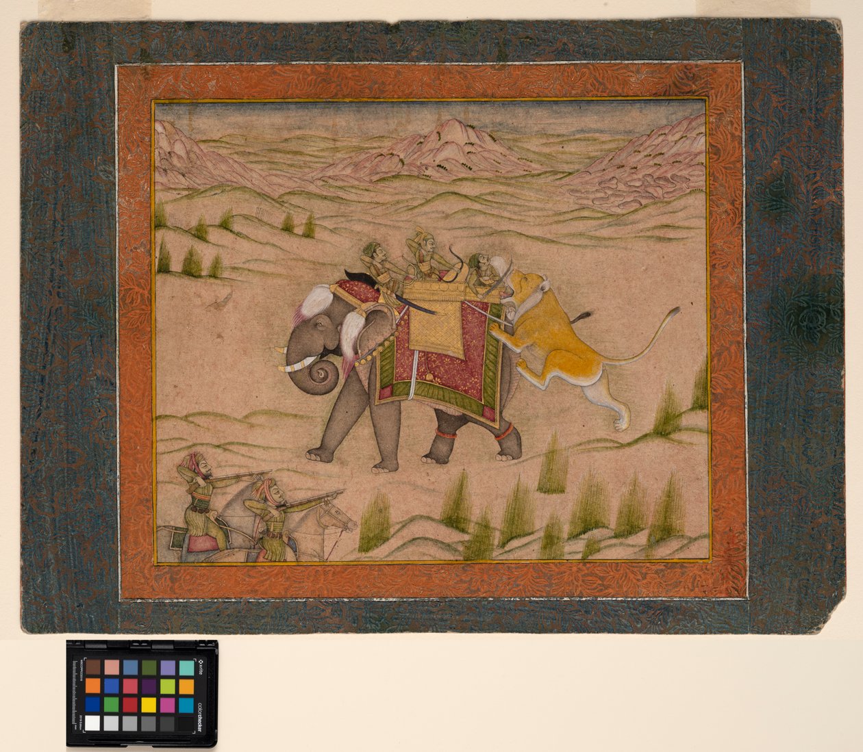 Egy oroszlán megtámad egy vadásztársaságot egy elefánt tetején, 1810 körül (átlátszatlan akvarell és arany a papíron) alkotó: Indian School