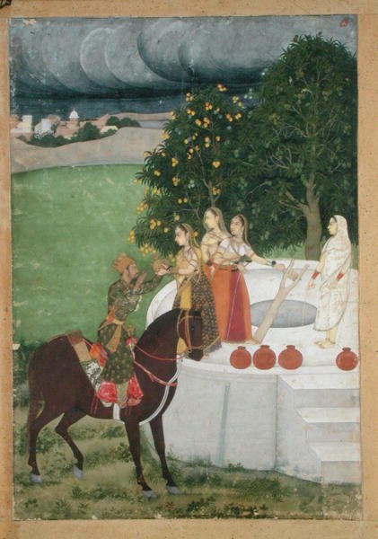 Egy lovas herceg, aki vizet kap a hölgyektől egy kútnál, miniatűr Murshidabadból, 1760 körül (guache papíron) alkotó: Indian School