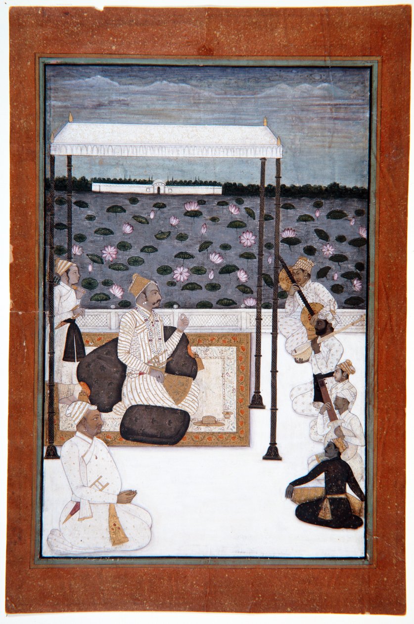 Egy nemes a tóparti teraszon lombkorona alatt zenét hallgat, 1680 körül (átlátszatlan wc és arany papíron) alkotó: Indian School