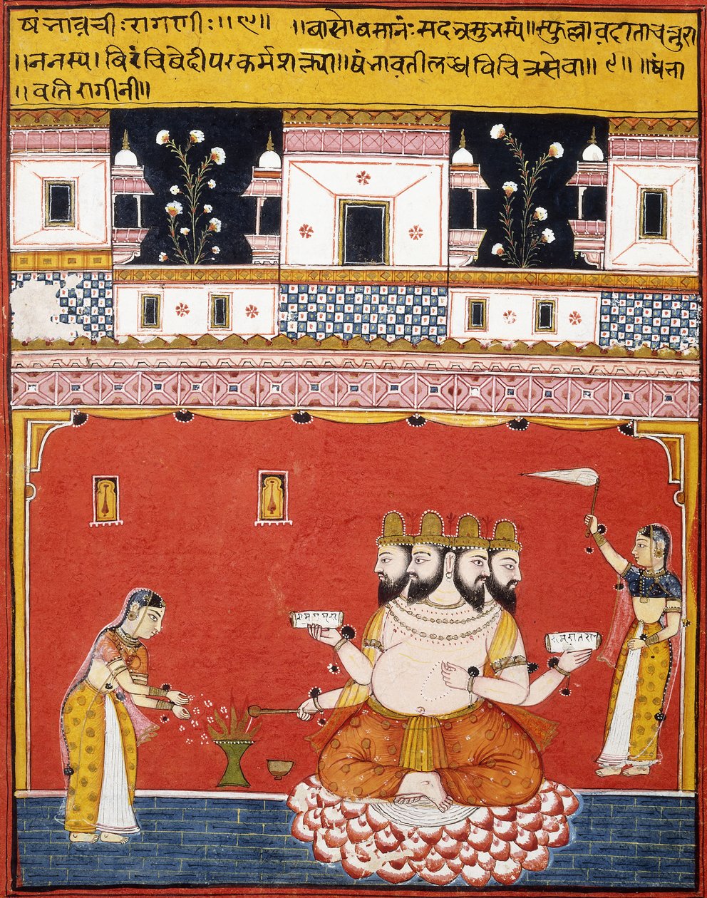 Egy oldal egy szétszórt "Ragamala: Khambavati Ragini"-ből alkotó: Indian School