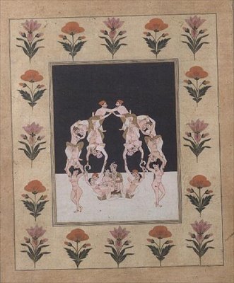 Egy szerelmespár egy hintán ül, összefonódott szerelmesekből, 1830 körül (guache papíron) alkotó: Indian School