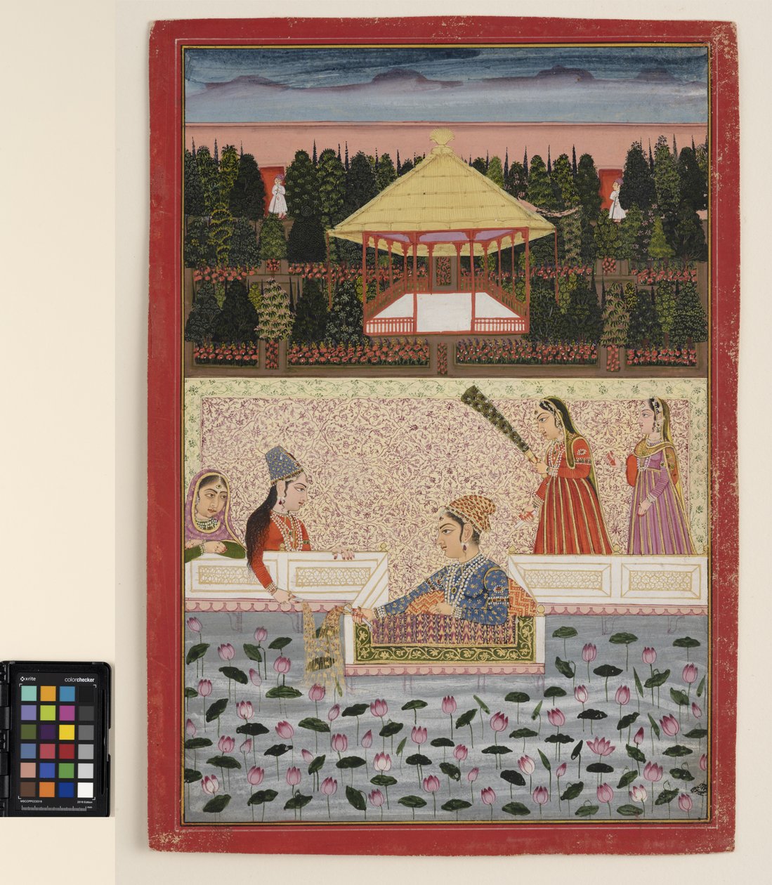 Egy herceg és hercegnő csillagszórókkal játszik egy lótusz medence mellett, 1760 körül (átlátszatlan akvarell és arany papíron) alkotó: Indian School