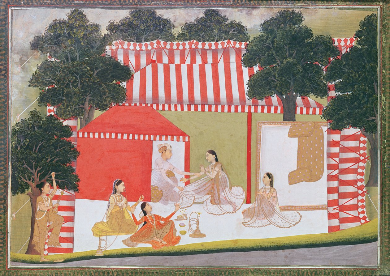 Egy herceg megpróbál berángatni egy hölgyet a sátrába; egy szobalány és barátai meglepetten néznek, 1760 körül (papíron átlátszatlan wc) alkotó: Indian School