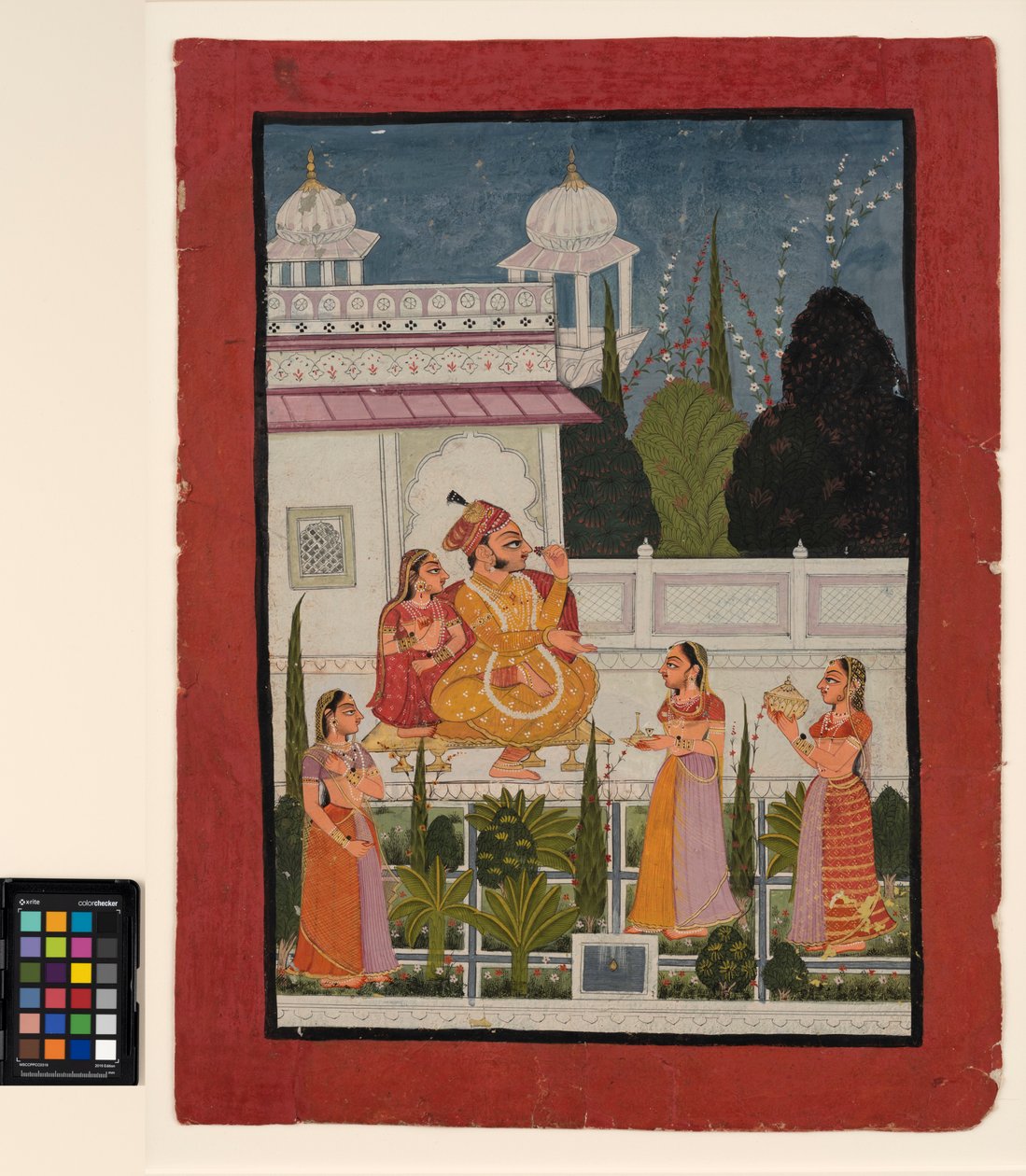 Egy radzsa a teraszon a ranijával, három nővel, 18. század végén (átlátszatlan akvarell papíron) alkotó: Indian School