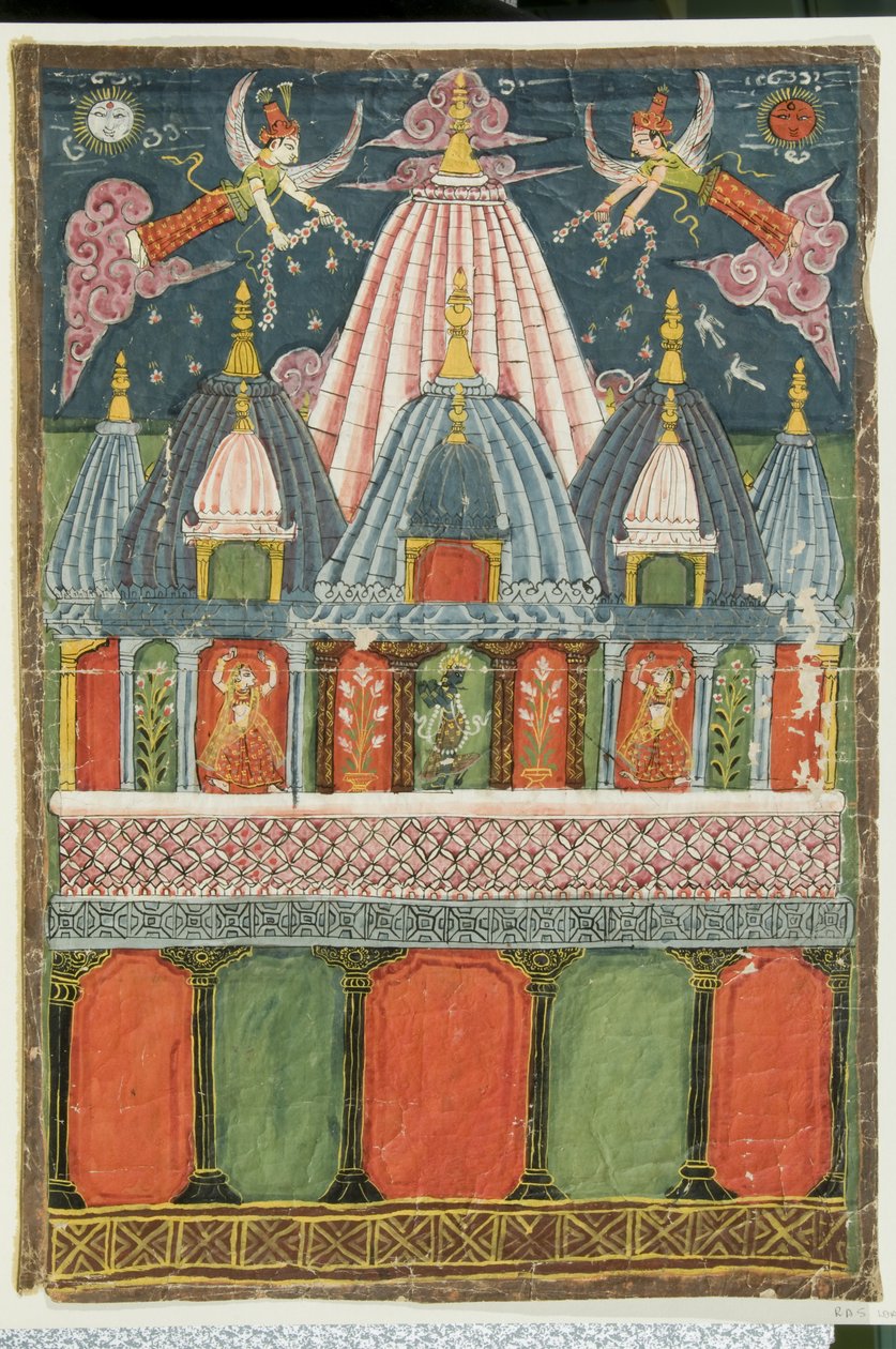 Egy templom Venu-gopala-krishna képével, két táncoló lánnyal, akik az istenségnek fellépnek, 1823 alkotó: Indian School