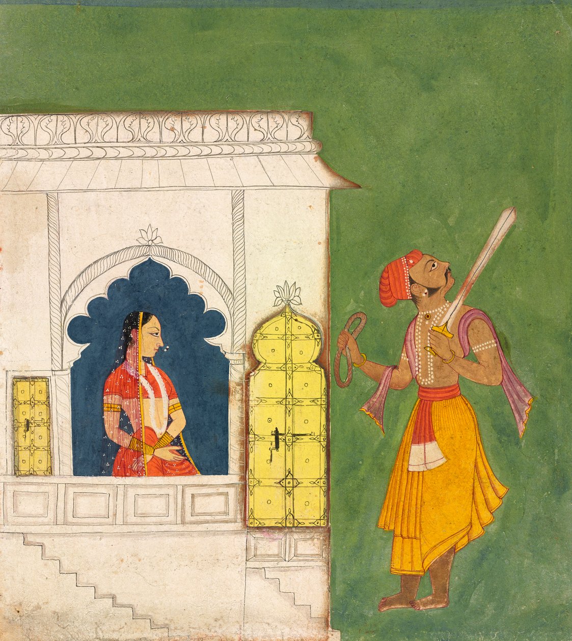 Egy nő egy harcost néz, 1680 körül alkotó: Indian School