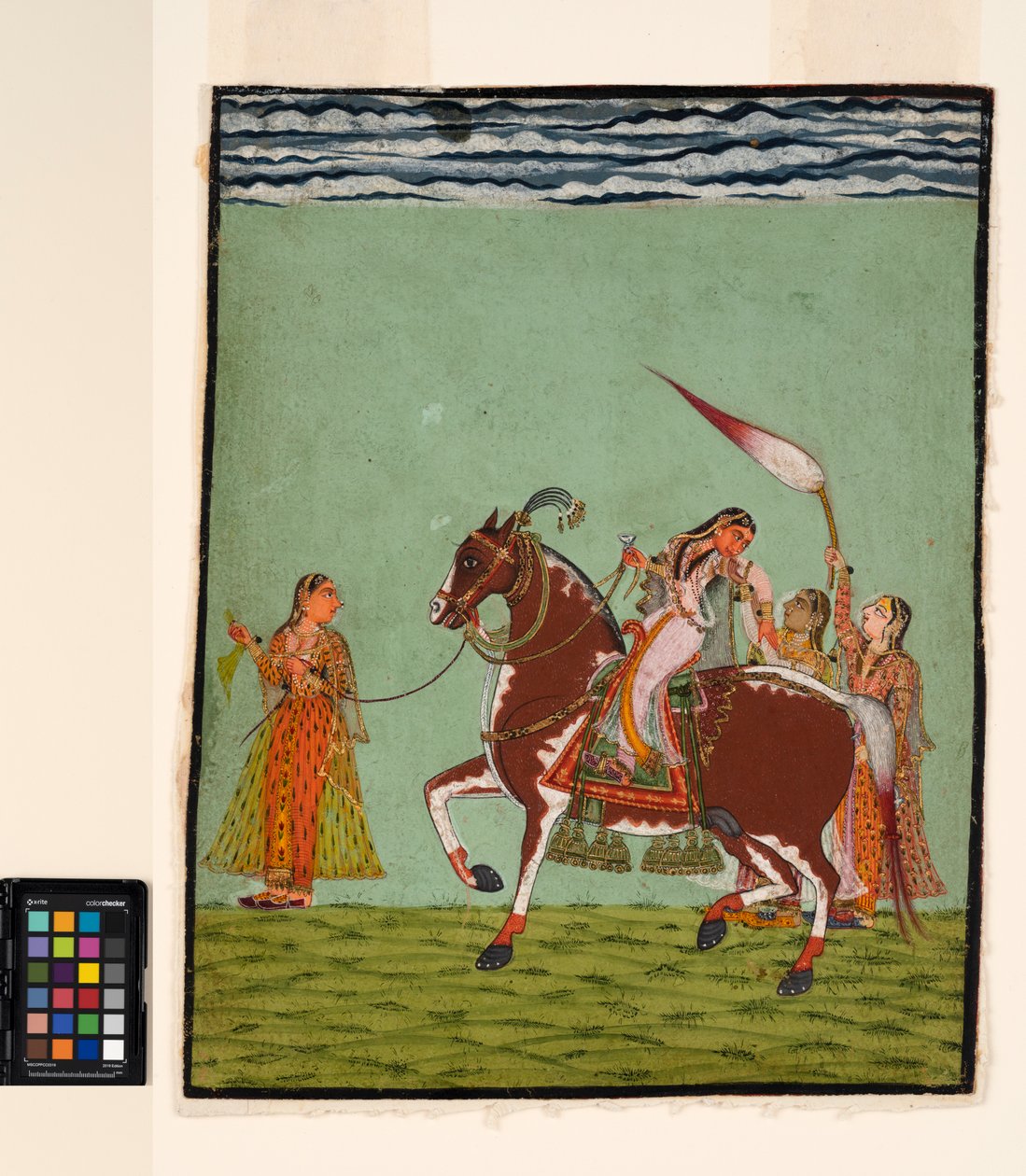 Egy nő lóháton három kísérővel, 1735 körül (átlátszatlan akvarell papíron) alkotó: Indian School