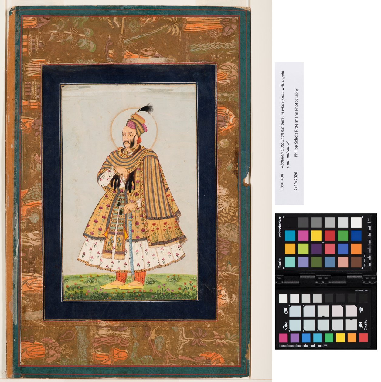 Abdullah Qutb Shah nimbate, fehér dzsámában, arany kabáttal és kendővel, 1680 körül (átlátszatlan akvarell és arany papíron) alkotó: Indian School