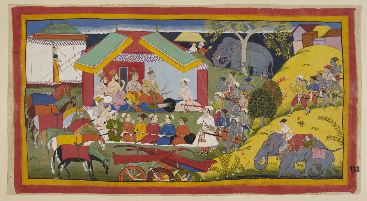 Add hozzá 15296 (1) f.100r, Bharata és követői elérték a Nishada Királyság fővárosát. A Ganga partján lévő táborukban Bharata, testvére és miniszterei durbarban ülnek a sátraik előtt. Jön a Nishadaking Guha alkotó: Indian School
