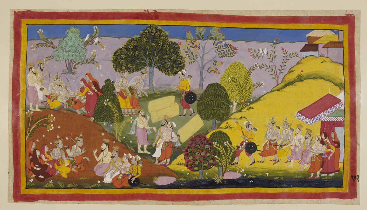 Add hozzá 15296 (1) f.101r, Bal oldalon Bharata, rendkívüli szorongásaiban, elájul, miután meghallotta Guha