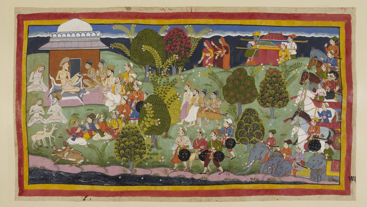 Add 15296 (1) f.105r, A két fejedelem, a brahminok és a lelkészek gyalog közelítik meg Bharadvaja remetelakát, a három királynővel távolabb a láthatáron, őket követik almai. A sereg elefántjaival és szekereivel mögötte vár. Az l alkotó: Indian School