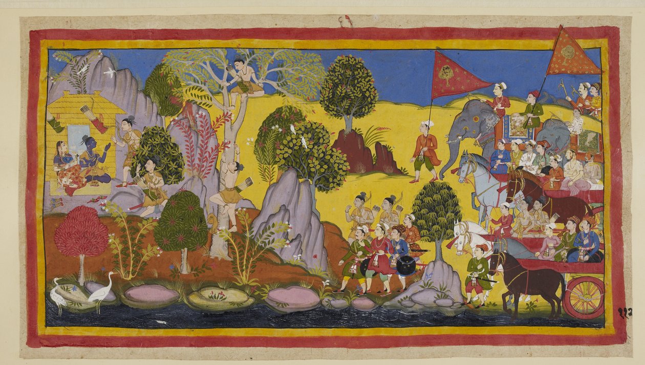 Add hozzá 15296 (1) f.112r, A közeledő sereg zűrzavara megriasztotta Ramát, és azt mondja Laksmanának, hogy másszon fel egy fára, hogy megtudja, mi okozza a zajt. Laksmana felmászik egy virágzó szala fára, és a távolban felismeri Bharata szabványát az orch alkotó: Indian School