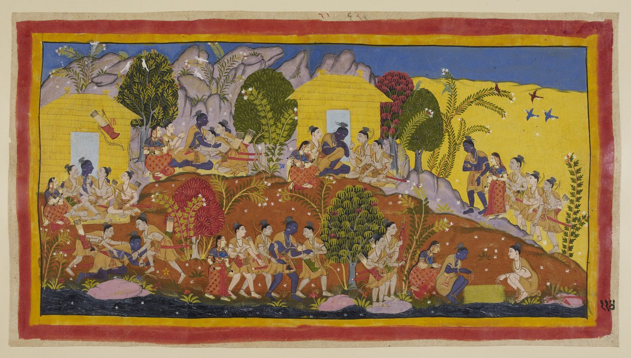 Add hozzá 15296 (1) f.114r, A tetején, középen Bharata és Shatrughna Rama lábai elé vetik magukat, aki átöleli öccseit és szagolja Sitaeir fejeket. Ráma az ölébe veszi őket, miközben a jólétükről és az apjukról kérdez, és h alkotó: Indian School