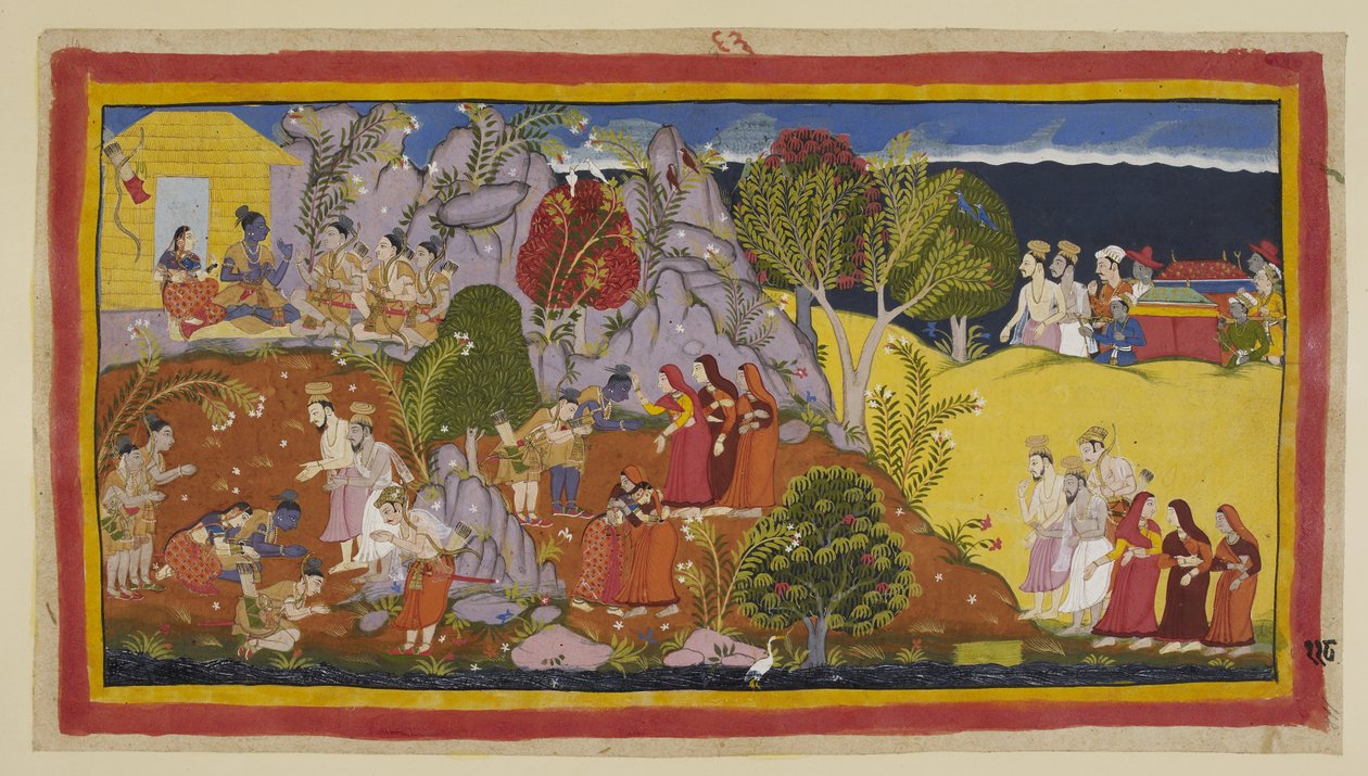 Add hozzá 15296 (1) f.118r, A brahminok és a királynők almában közelednek. Kausalya rámutat arra a folyóparti helyre, ahol Rama a rituális vizet kínálta, és panaszkodik a halott férjének felajánlott pindák szánalmas minősége miatt. A három száműzött t alkotó: Indian School