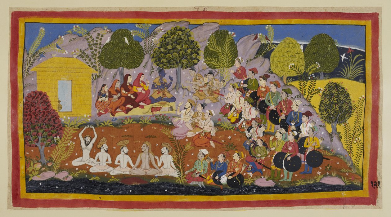 Add hozzá az 15296 (1) f.121r számot, Rama egy szőnyegen ül a két testvérrel szemben, a három királynővel és Sitával a jobbján. Bharata továbbra is sürgeti Rámát, hogy térjen vissza Ayodhyába, hogy megkoronázzák, azzal érvelve, hogy az apjuk vétkezett elle alkotó: Indian School