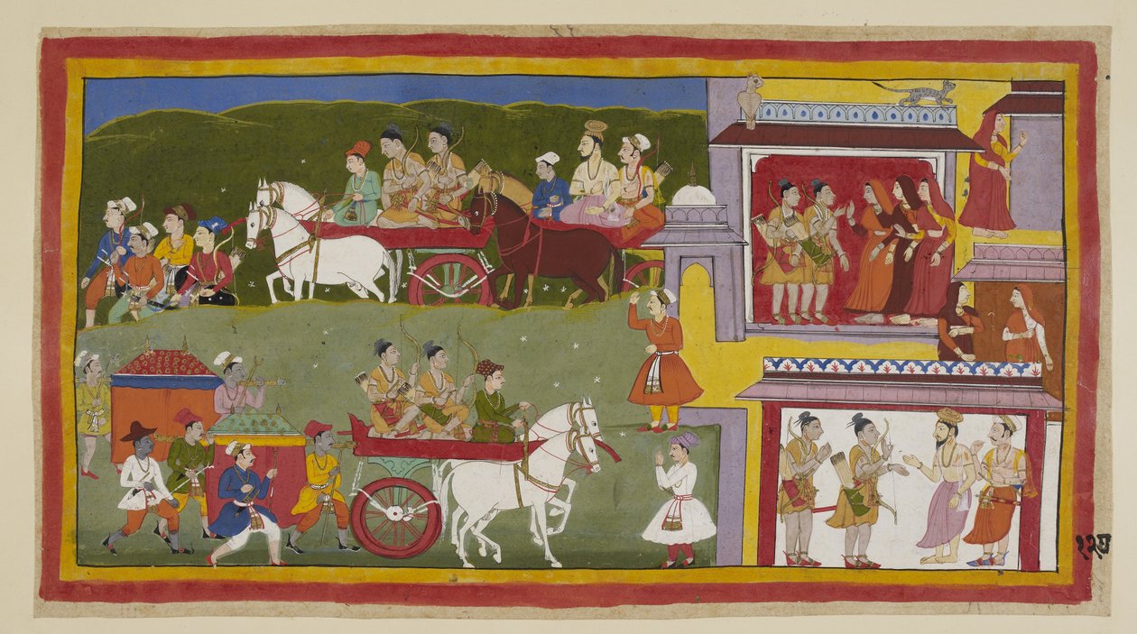 Add hozzá 15296 (1) f.127r, A menet visszatér Ayodhya-ba, a festmény alján, a szomorú és elhagyatott város macskák és baglyok kísértethelye. Bharata és Shatrughna búcsút vesz a királynőktől, és elmondják Vasithának, hogy visszavonulnak É-ba alkotó: Indian School