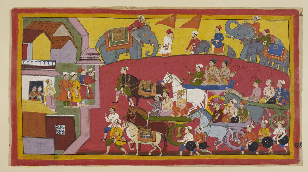 Add hozzá 15296 (1) f.128r, Vasistha és a fejedelmek szekerei, különféle lelkészek és emberek kíséretében, behatolnak Nandigrama városába. alkotó: Indian School