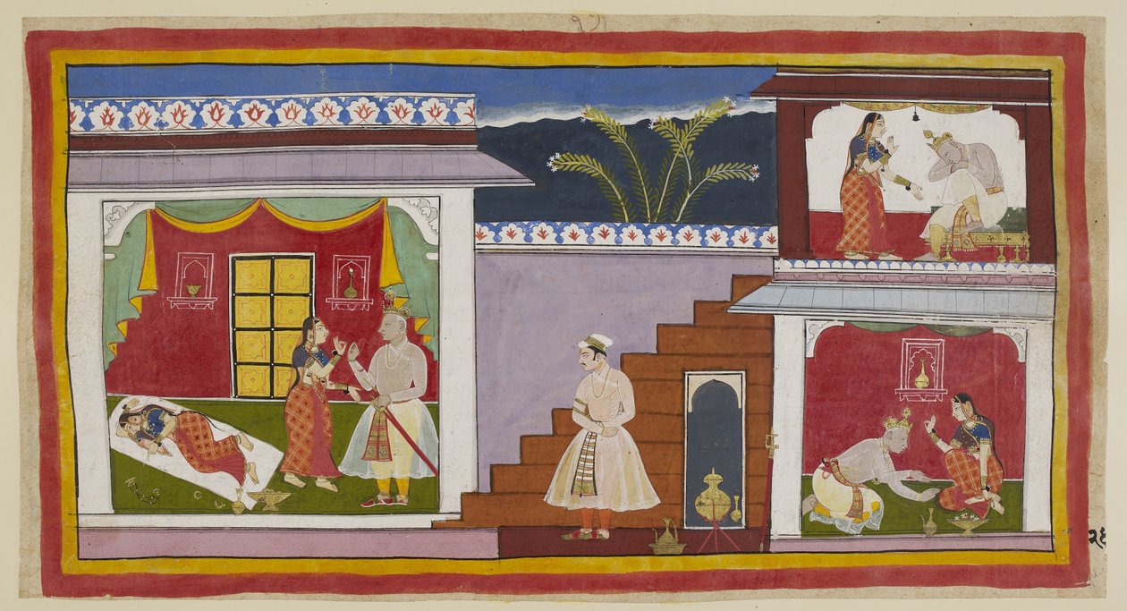 Add hozzá az 15296 (1) f.24r-t, Kaikeyit először a bal oldalon látjuk kócosan aludni, mint az előző képen, majd felkel az ágyból, hogy rávegye férjét, adja meg neki azt a két áldást, amit Dasaratha korábban megígért neki. A jobb oldalon Dasaratha fenyő alkotó: Indian School