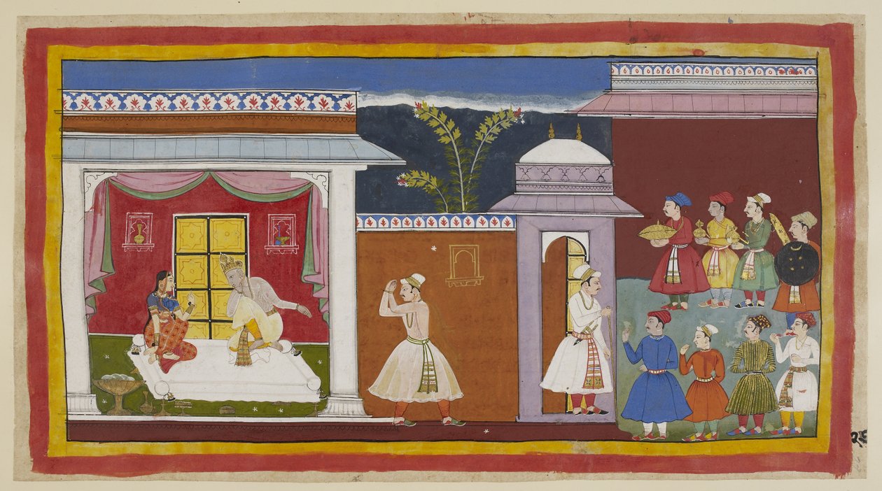 Add hozzá az 15296 (1) f.27r-t, Vasisztha azt mondta Sumantrának, hogy mondja meg a királynak, hogy minden készen áll, és ő tájékoztatja erről Dasarathát. Kaikeyi azt mondja neki, Dasaratha néma beleegyezésével, hogy hozza el Rámát. A palota bejáratán kívü alkotó: Indian School