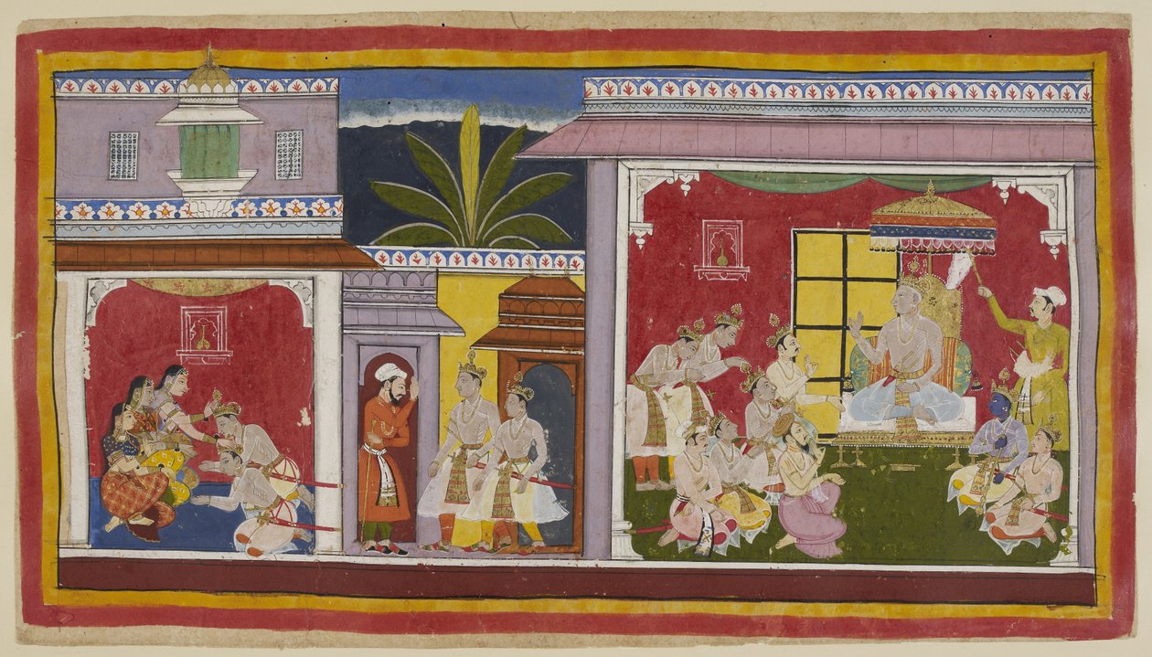 Add hozzá 15296 (1) f.2r, Az Ayodhya trónteremben (jobbra) Dasaratha király négy fiával, lelkészével, Sumantrával és főpapjával, Vasiszthaval ül. Yudhajit, Kaikeyi királynő testvére és Bharata anyai nagybátyja eljött, hogy meglátogassa Bharatát alkotó: Indian School