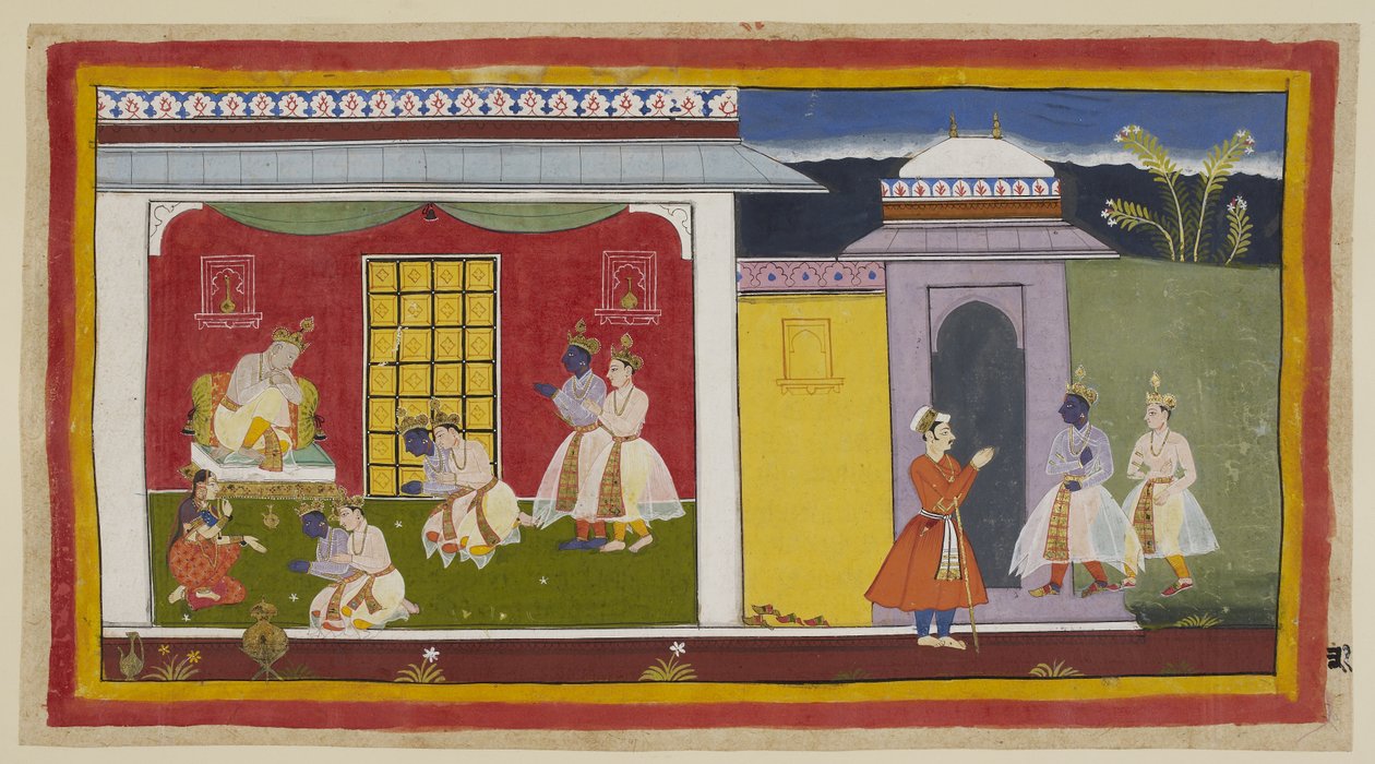 Adja hozzá az 15296 (1) f.31r számot, jobbra Rama és Laksmana, most Rama korabeli udvari jelmezbe öltözve, közelítsék meg Kaikeyi palotájának kapuját, és szandáljukat az ajtó előtt hagyva jöjjenek be a nézőtérbe. Tisztelettel térdelnek a dej előtt alkotó: Indian School