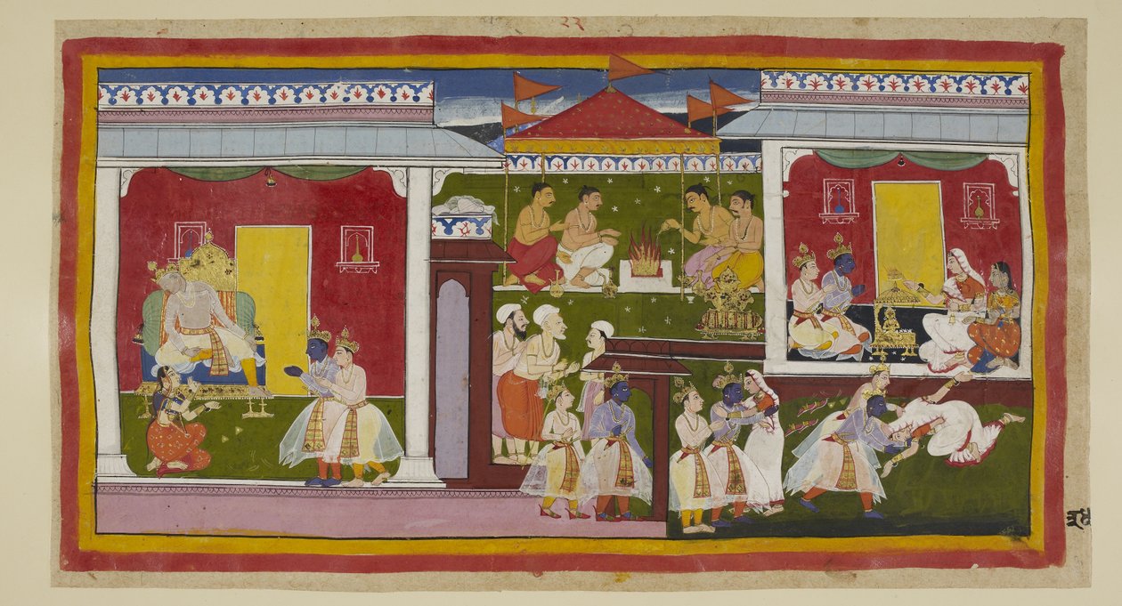 Add hozzá 15296 (1) f.34r, Rama tökéletes nyugalommal fogadja száműzetését, ő és Laksmana pedig búcsút vesz Kaikeyitől és Dasarathától, akik lehajtott fejjel és elfordított tekintettel nem tudják rávenni magát, hogy fiára nézzenek. Ő és Laksmana elhagyják  alkotó: Indian School