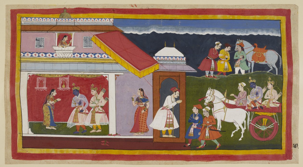 Add 15296 (1) f.41r, Miután végül rávette anyját és bátyját, hogy higgadtan vállalják sorsát, Rama és Laksmana a szekéren visszatérnek saját palotájába, Ráma szokásos alázatában lehajtotta a fejét. Sita találkozik velük, aki először egy u alkotó: Indian School