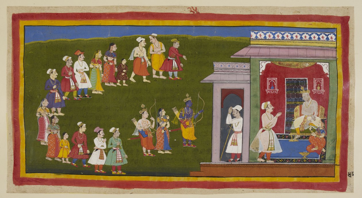 Add hozzá az 15296 (1) f.48r-t, Rama és Laksmana ugyanúgy öltözve, mint korábban, de karddal, íjjal és nyilakkal felfegyverkezve, Sita kíséretében alázatosan sétáltak a gyászoló emberekkel zsúfolt utcákon apjuk palotájába. Sumantra bejelenti őket a trónoló alkotó: Indian School