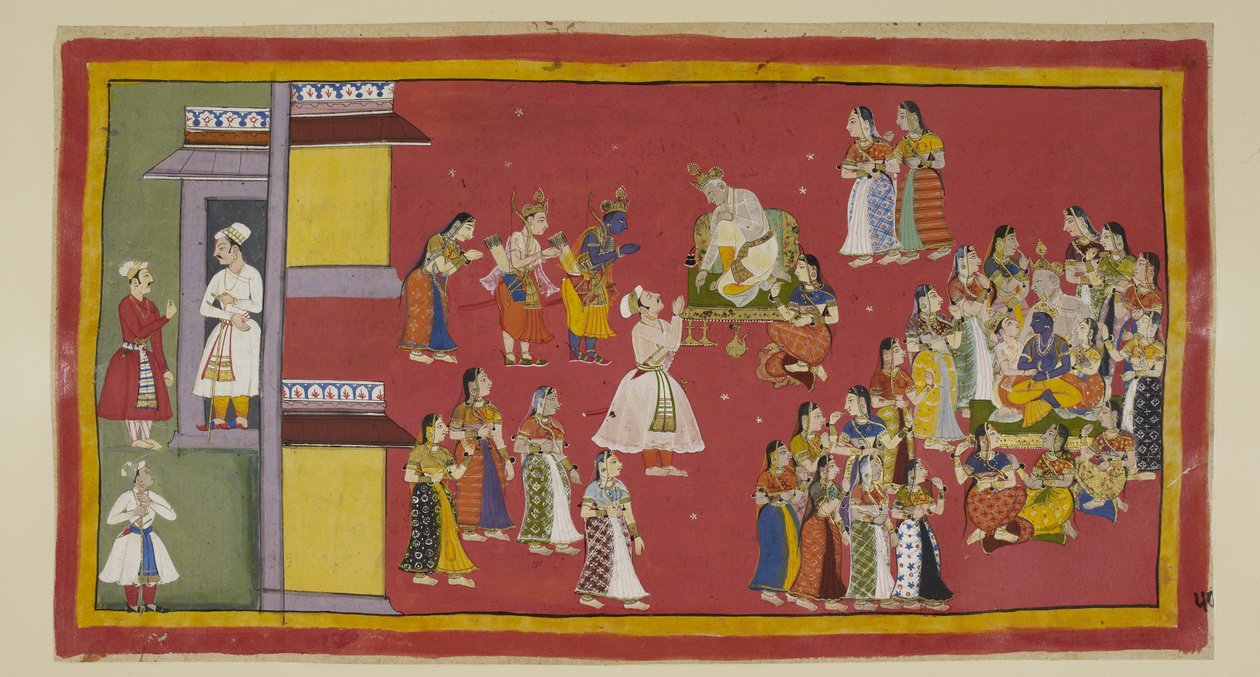 Add hozzá az 15296 (1) f.50r-t, Dasaratha korábban megparancsolta Sumantrának, hogy hívja össze királynőit és összes feleségét, akik most körülveszik a királyt, amikor Sumantra behozza a száműzötteket búcsúzni. Dasaratha megpróbálja rávenni Rámát, hogy ne  alkotó: Indian School