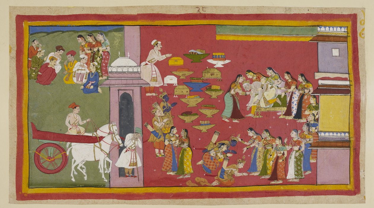 Add hozzá 15296 (1) f.53r, A jobb oldalon, látva fiait és Sitát kéregköntösbe öltözve, Dasaratha elveszti az eszméletét és leesik a trónról. A három száműzött letérdel a királynők előtt. Sitát átöleli Kausalya, aki fölöslegesen emlékezteti őt, hogy fir alkotó: Indian School