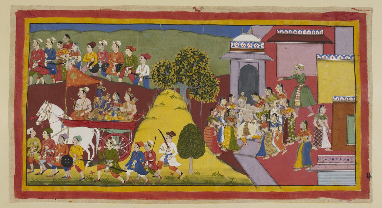 Add 15296 (1) f.57r, Rama, aki elviselhetetlenül szorongatva látja, hogy idős szülei kétségbeesetten futnak a szekér után, felszólította a sofőrt. A szekér egy domb mögött halad el, még mindig a városiak veszik körül, míg Dasaratha, aki utána futott, alkotó: Indian School