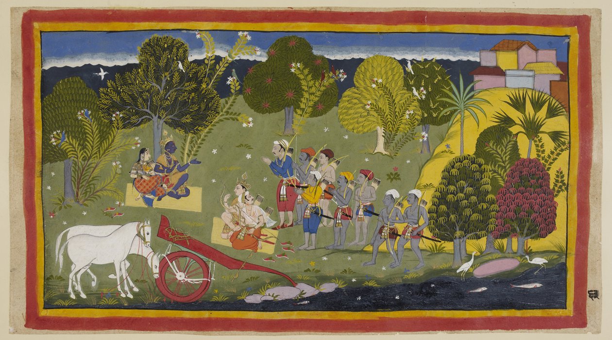 Add hozzá 15296 (1) f.63r, A társak elérték a Ganga folyót Srngaverapura Rámánál, Sita pedig egy szalmalapon ül egy fa alatt, ami egy ingudi fának szánta, míg Laksmana és Sumantra hasonlóan ül velük szemben. A lovak unhar alkotó: Indian School