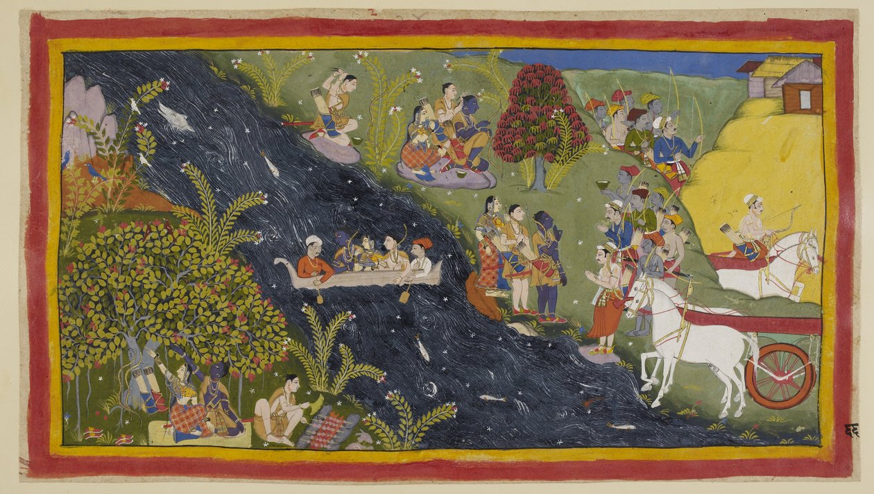 Add hozzá 15296 (1) f.66r, A társak elérték a Gangeszt, és Guha, a Nisada főnök jött, hogy üdvözölje őket néhány emberével együtt a közeli városukból. Rama megkéri, hogy biztosítson egy csónakot, hogy átkelhessenek a folyón. Azt mondja Sumantra t alkotó: Indian School