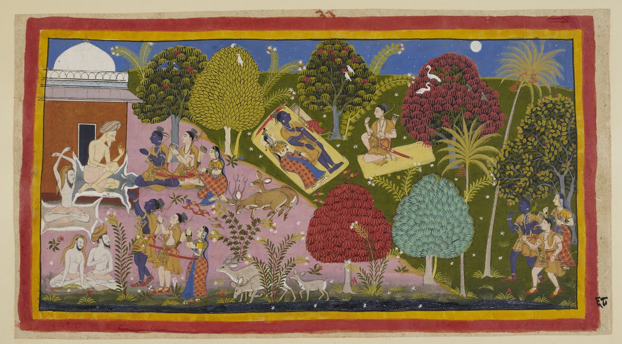 Add hozzá a 15296 (1) f.68r számot, a felső közepén hárman az erdőben töltik az éjszakát. Sita és Rama egy szőnyegen fekszenek, kardja és íja mellette, míg Laksmana a szőnyegen ülve szemrehányást tesz Rámának, amiért utat engedett a gyásznak. Az alján aztá alkotó: Indian School