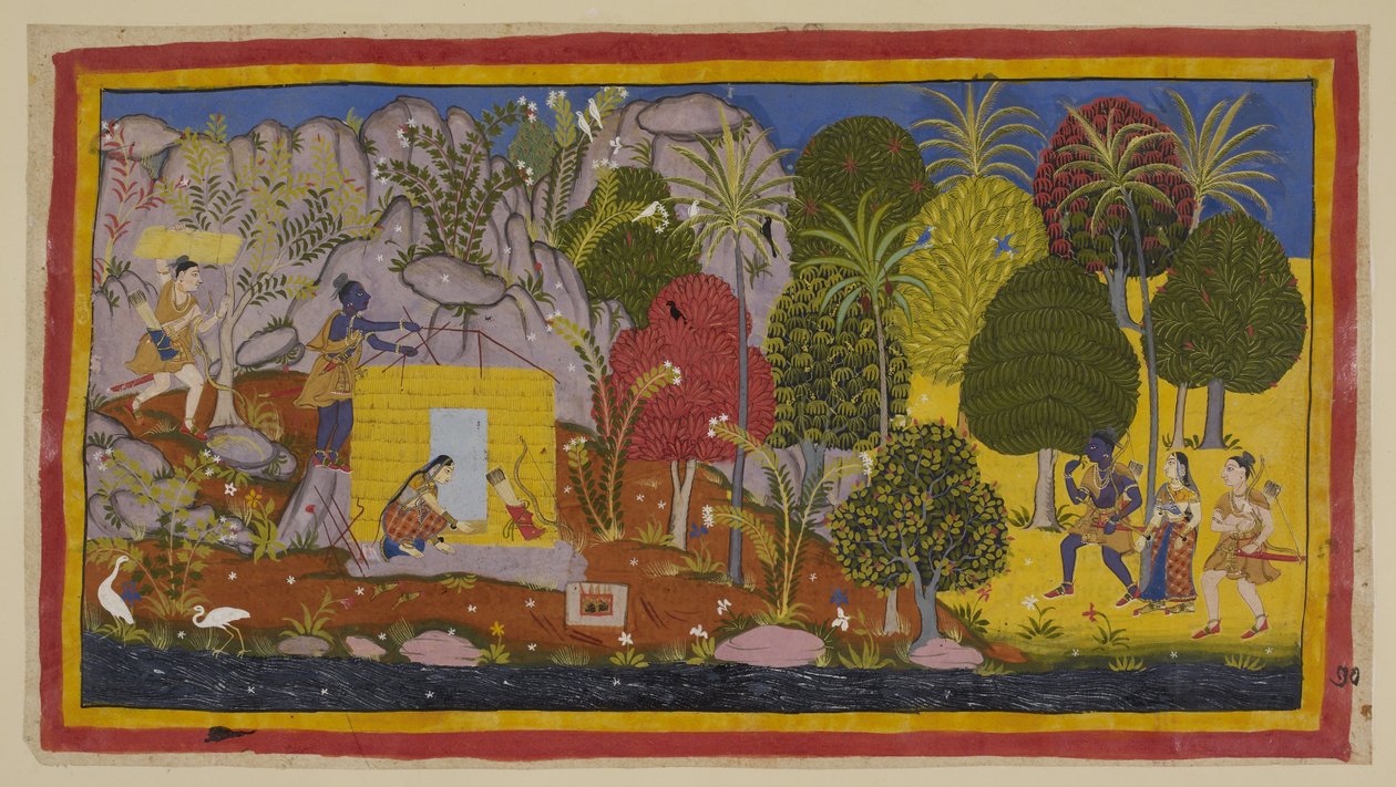 Add hozzá 15296 (1) f.70r, A három száműzött jobbról közelíti meg Citrakutát a Yamuna folyó partján. Rama rácsodálkozik a hegyet borító virágzó fákra és növényekre. A bal oldalon, a folyó melletti sík helyen a két testvér egy hu-t épít alkotó: Indian School