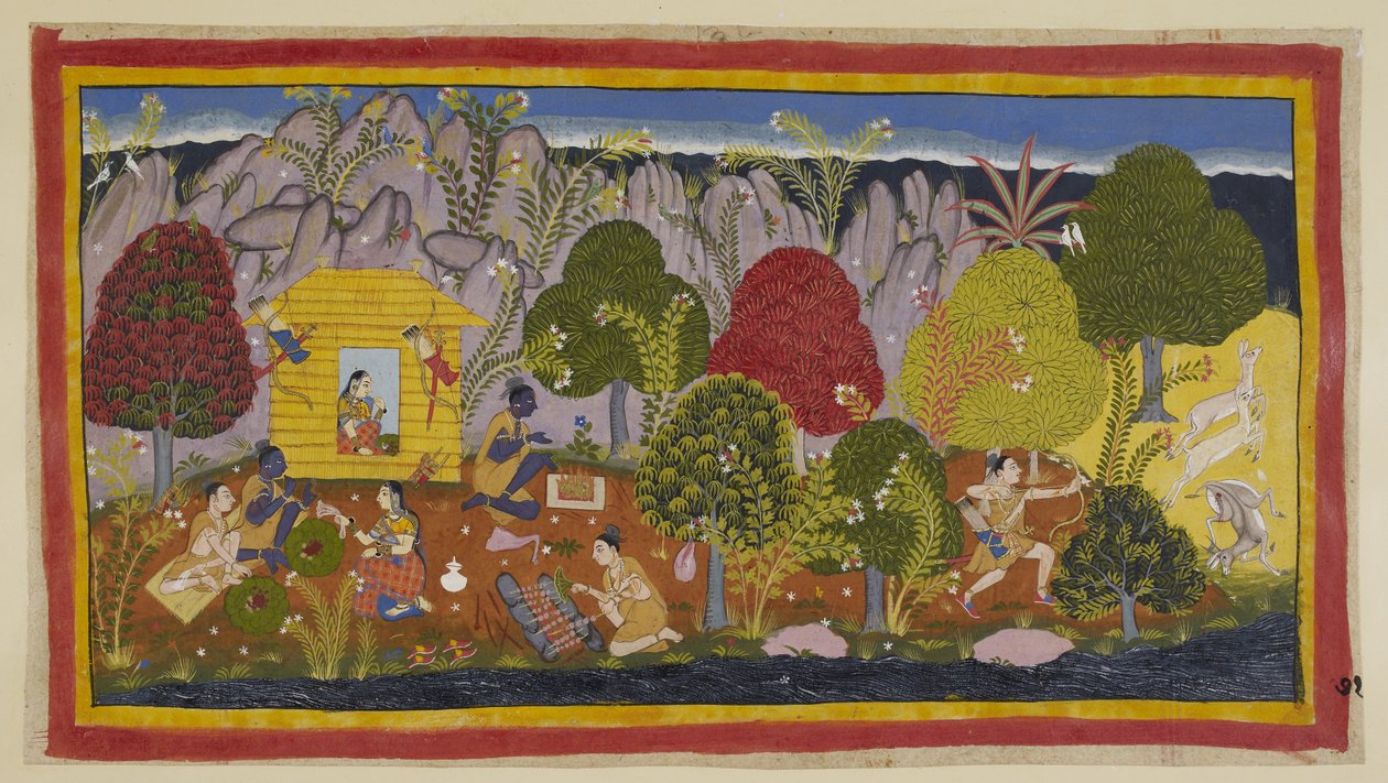 Add hozzá 15296 (1) f.71r, Mielőtt elfoglalnák lakhelyüket a kunyhóban, áldozatot kell adni az elnöklő istenségeknek. Laksmana szarvasra vadászik a jobb oldalon, és visszatér a kunyhóba megfőzni; Ráma egy részét felajánlja áldozatul. A két testvér aztán es alkotó: Indian School