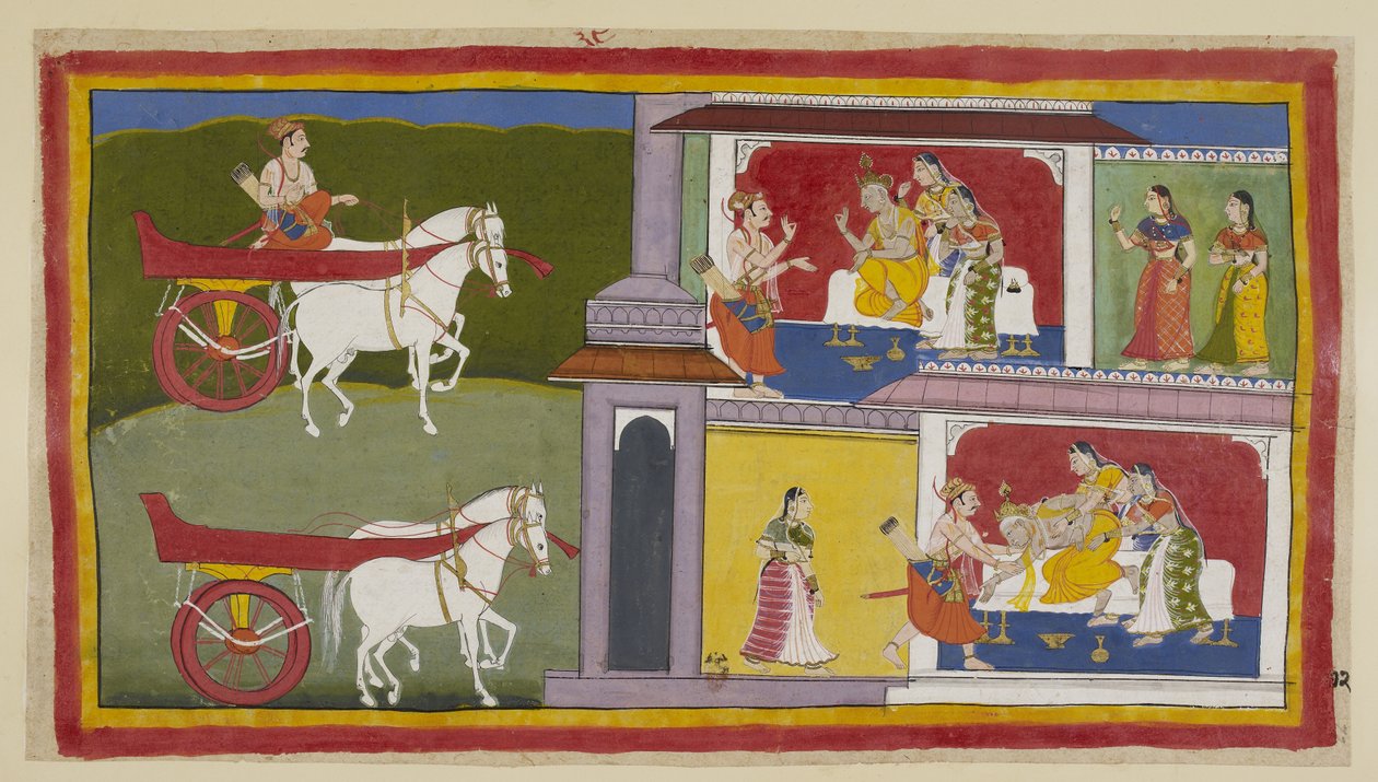 Add hozzá 15296 (1) f.72r, Bal oldalon Sumantra visszatér Ayodhyába, és belép a palotába, hogy átadja Ráma utolsó üzenetét a királynak, aki mellett Kausalya és Sumitra ül. A király elájul, Sumantra és a királynők elkapják. alkotó: Indian School