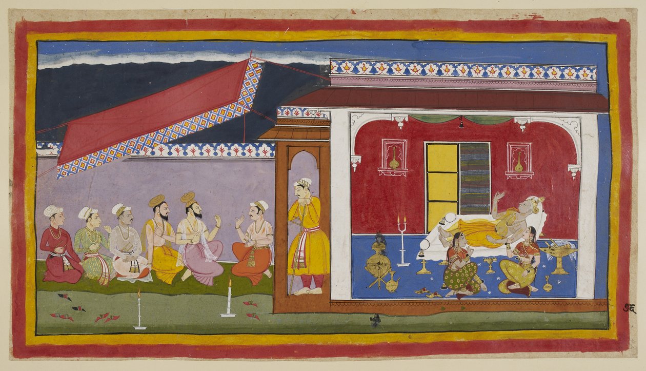 Add hozzá 15296 (1) f.76r, Dasaratha az ágyán fekszik a kamrájában, a két királynő mellette ül, mindhárman beszélgetnek, miközben próbálják vigasztalni egymást. A szobán kívül brahminok és lelkészek beszélgetnek Sumantrával. Azt alkotó: Indian School