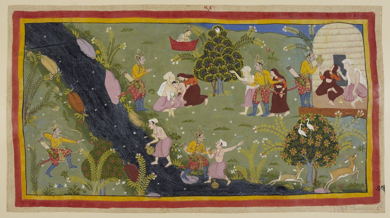 Add hozzá az 15296 (1) f.79r-t, Dasaratha elmeséli a királynőknek a fiatalkori esetet, amikor vadászat közben véletlenül megölte egy bölcs fiát. A bal oldalon Dasaratha íjjával tévedésből a fák között a fiatalra irányítja, aki a másikon tölti a vízkorsóját alkotó: Indian School