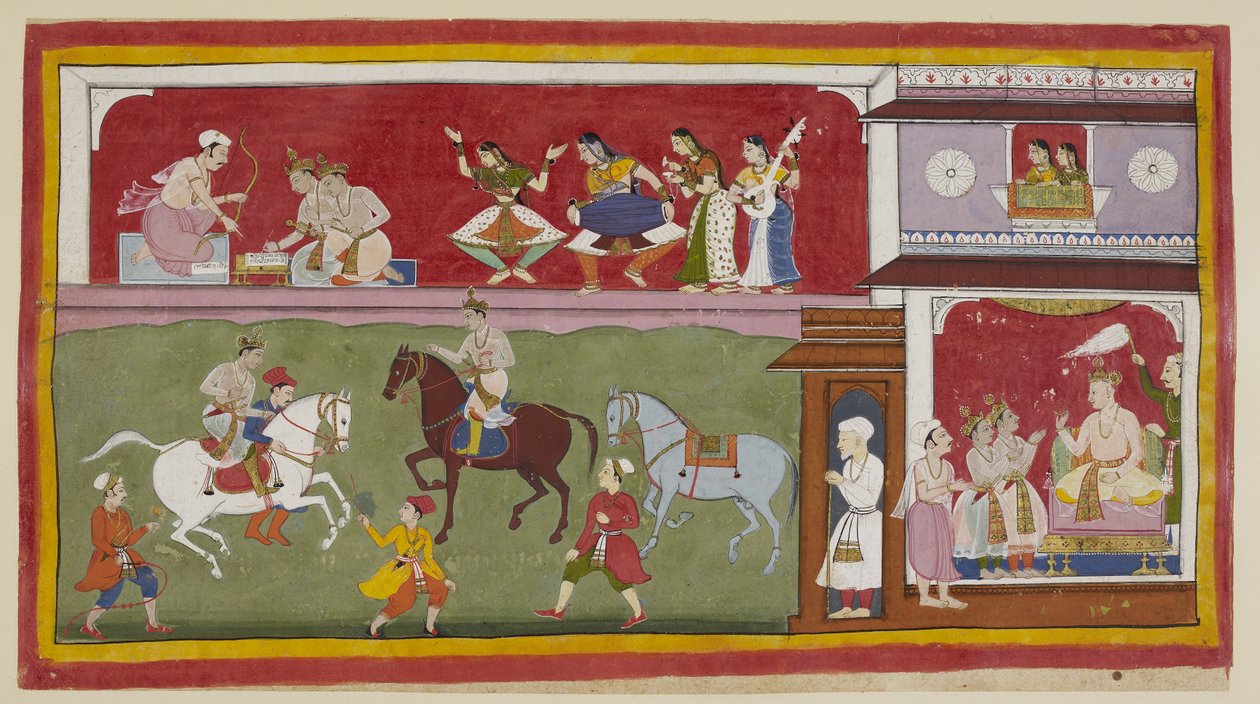 Add hozzá 15296 (1) f.7r, Jobb oldalon a palotában a hercegek hitoktatókat, művészet- és tudományoktatókat kérnek a királytól, míg fent két hölgy a szőnyeggel borított jharokha ablaknál néz le rájuk balról, miközben gyakorolnak. lovaglás a gyakorlótéren. alkotó: Indian School
