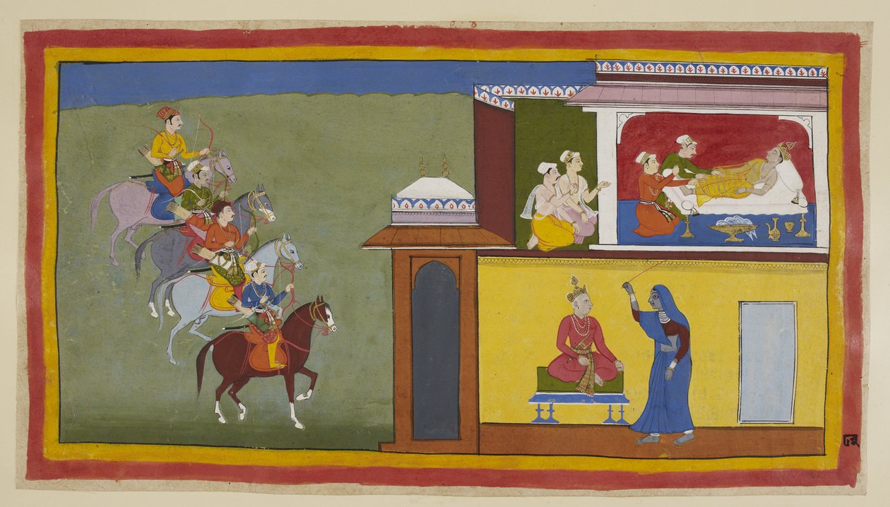 Add 15296 (1) f.83r, A négy lovas hírnök közeledik Kekaya városához, miközben a kísérők megpróbálják felébreszteni Bharatát, aki riasztó álmokat látott az apjáról. Az egyikben, az alábbi ábrán látható, a király tisztán öltözött, és egy vason ült (itt kék) alkotó: Indian School