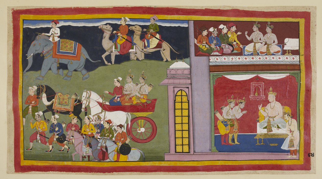 Add hozzá 15296 (1) f.84r, A hírnökök egy felső kamrában azt mondják a hercegeknek, hogy térjenek vissza Ayodhyába. Lent, a trónteremben az utazáshoz öltözött hercegek búcsút vesznek Kaikeyi királytól és fiától, Judhadzsittól. Kiülnek egy szekérre a m alkotó: Indian School