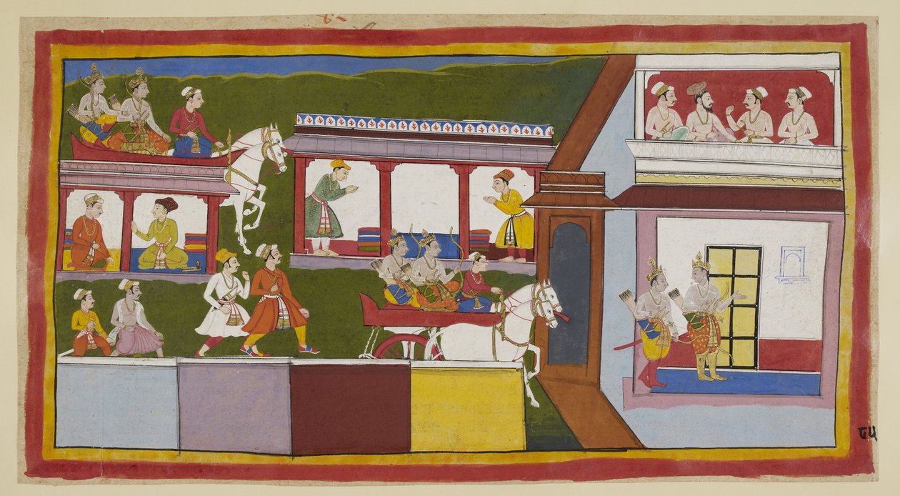 Add hozzá 15296 (1) f.85r, A hercegek a szekerükön áthajtanak Ayodhya főutcáján, csodálkozva a város változásán, amióta elhagyták azt, majd kérdő mozdulatokkal belépnek a palotába. Egy felső szobában egy brahmin és három lelkész gyűlik össze alkotó: Indian School