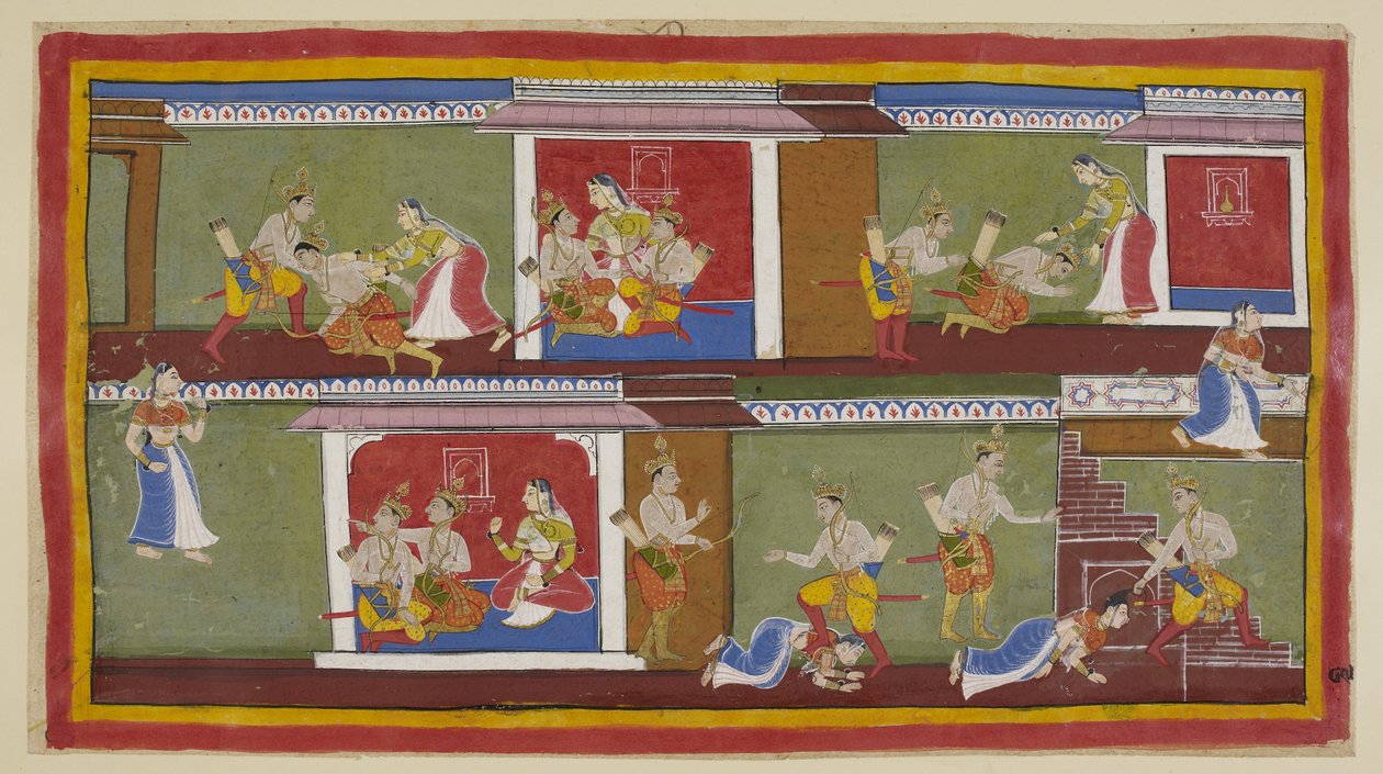 Add hozzá a 15296 (1) f.89r számot. A jobb felső sarokban Bharata és Shatrughna köszönti Kaikeyit, aki az ölébe veszi őket, és a közelmúlt eseményeiről beszélgetnek. Bharata elájul, amikor meghallja apja halálát, és azt, hogy mit tett az anyja, hogy biztos alkotó: Indian School