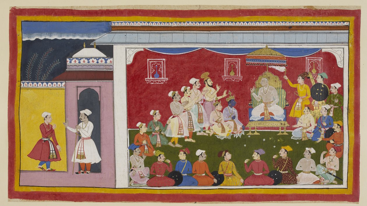 Add hozzá 15296 (1) f.8r, Dasaratha teljes durbarban ül trónján, mellette térdel Rama és Laksmana, miközben a Bharata által a nagyapja udvarából küldött hírnök elmondja Sitae királyának, milyen szorgalmasan tanul másik két fia. Egy gyűrű c alkotó: Indian School